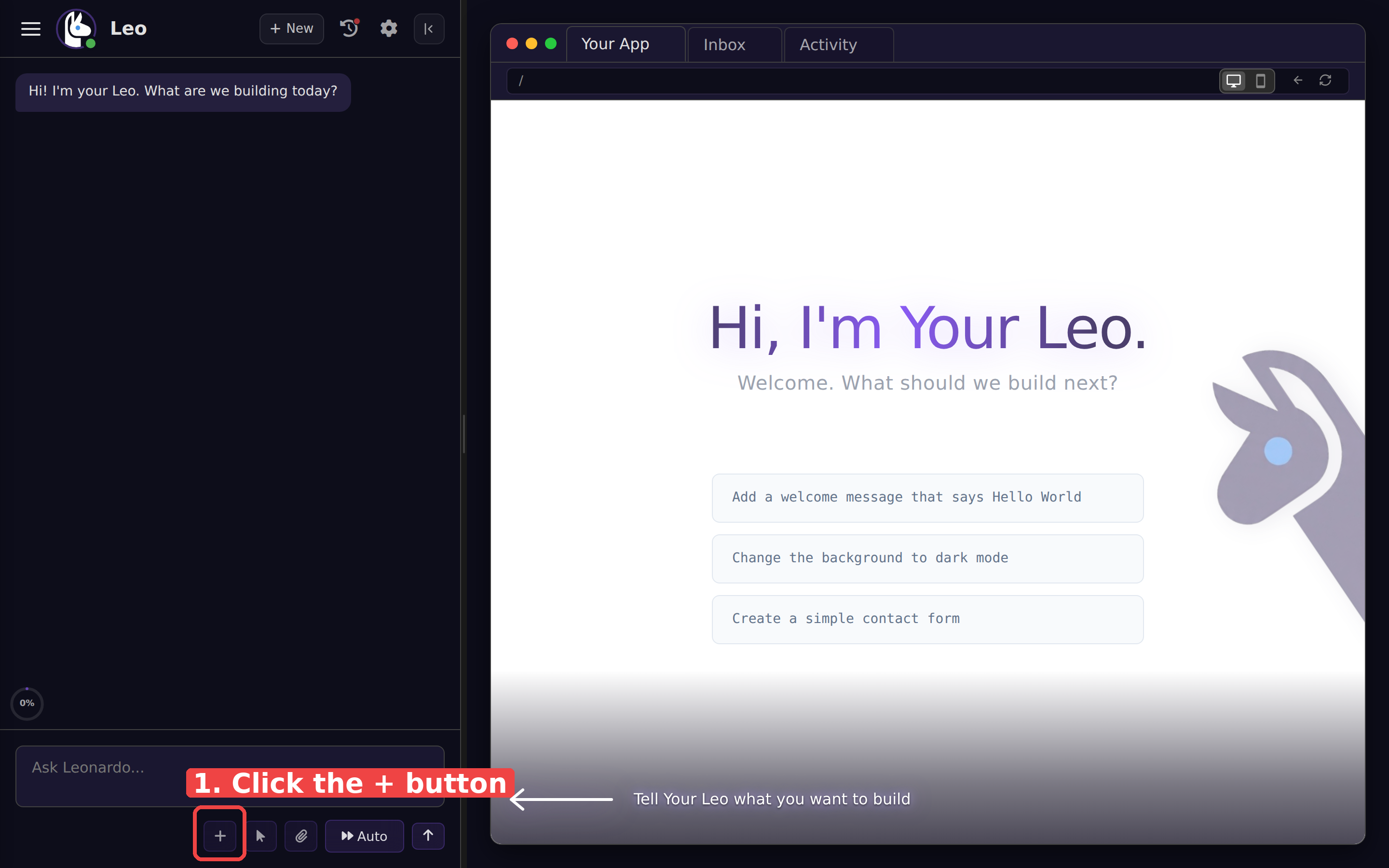 Click the purple plus button at the bottom left of the Leo chat box