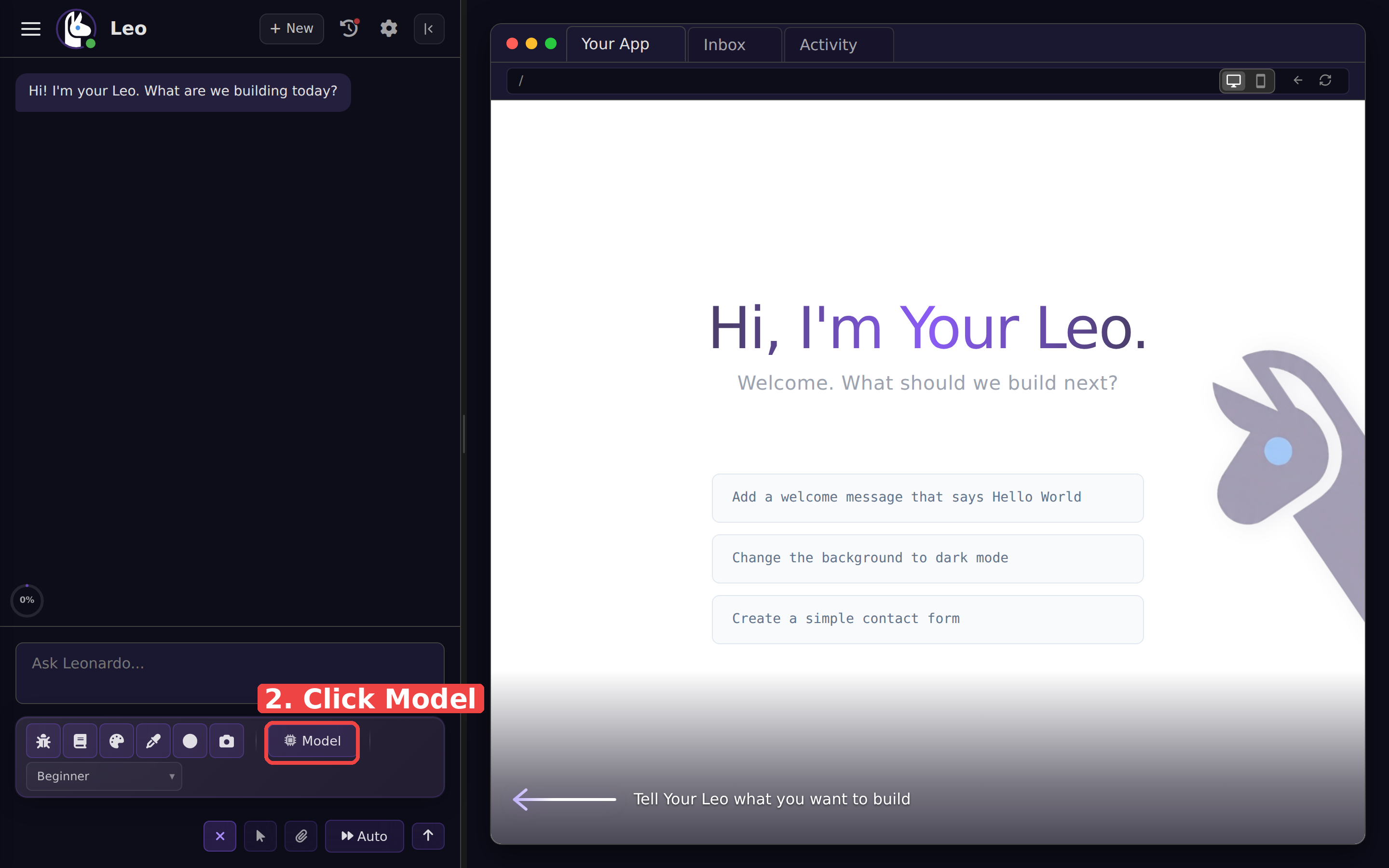 Click the Model button in the Leo tools toolbar