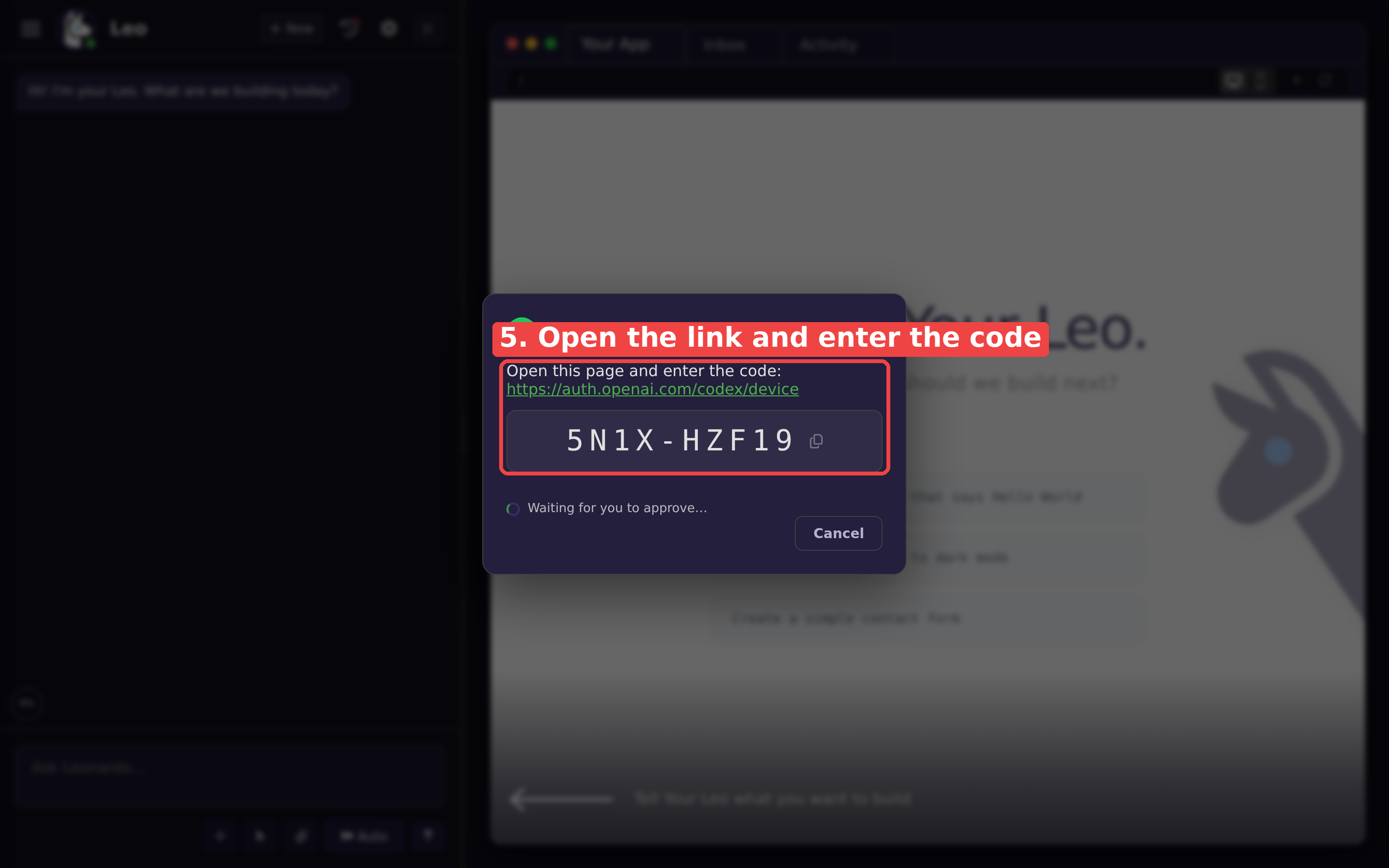 Open the OpenAI device page and enter the short code Leo shows you, then approve
